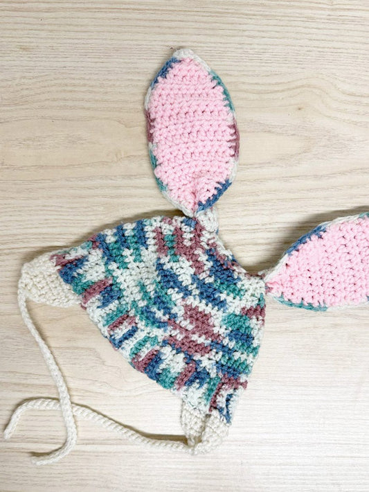 handmade crochet knit kids bunny ears hat with tie string - good market thrift store