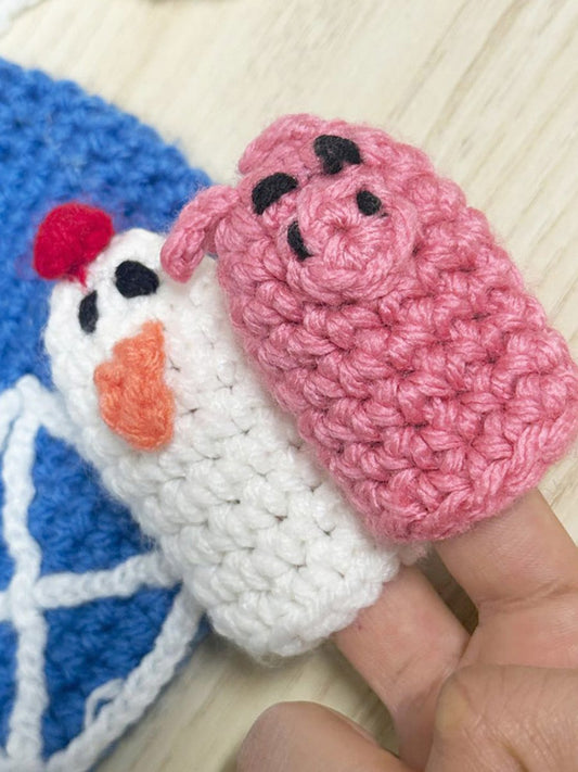 handmade knit farm animal finger puppets and barn bag - good market thrift store