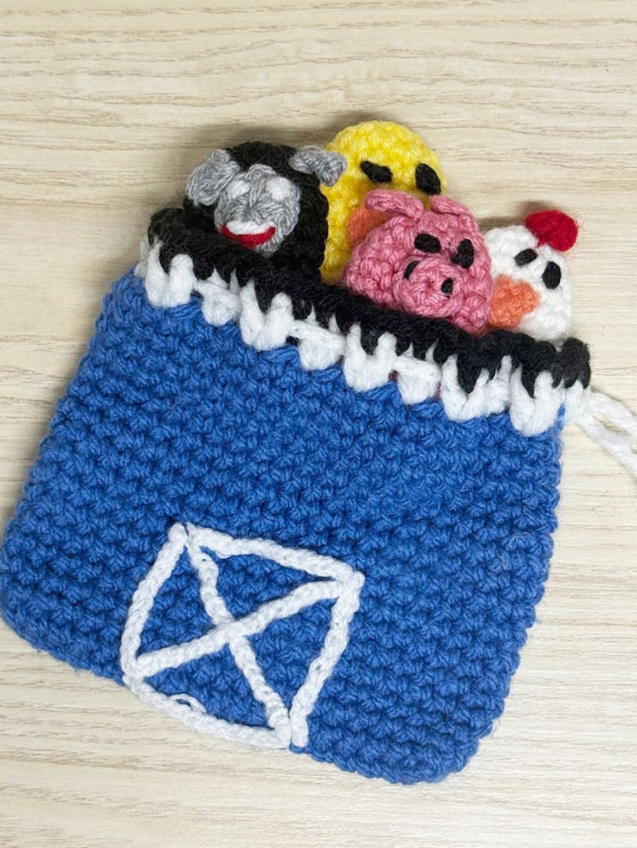 handmade knit farm animal finger puppets and barn bag - good market thrift store