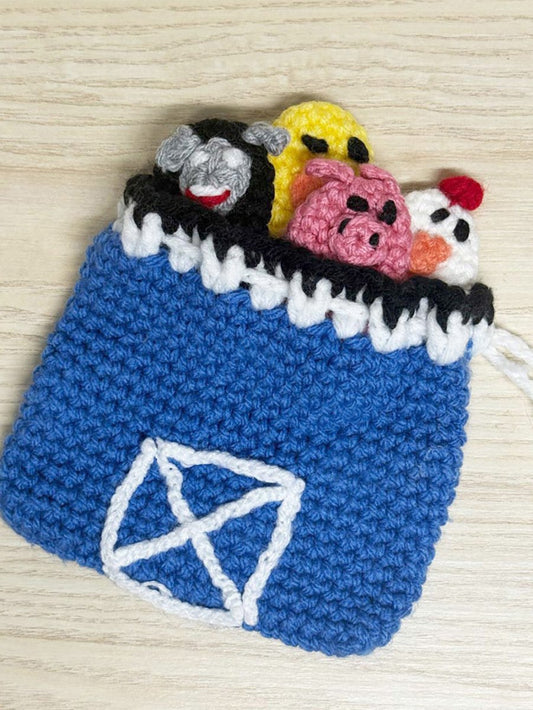 handmade knit farm animal finger puppets and barn bag - good market thrift store