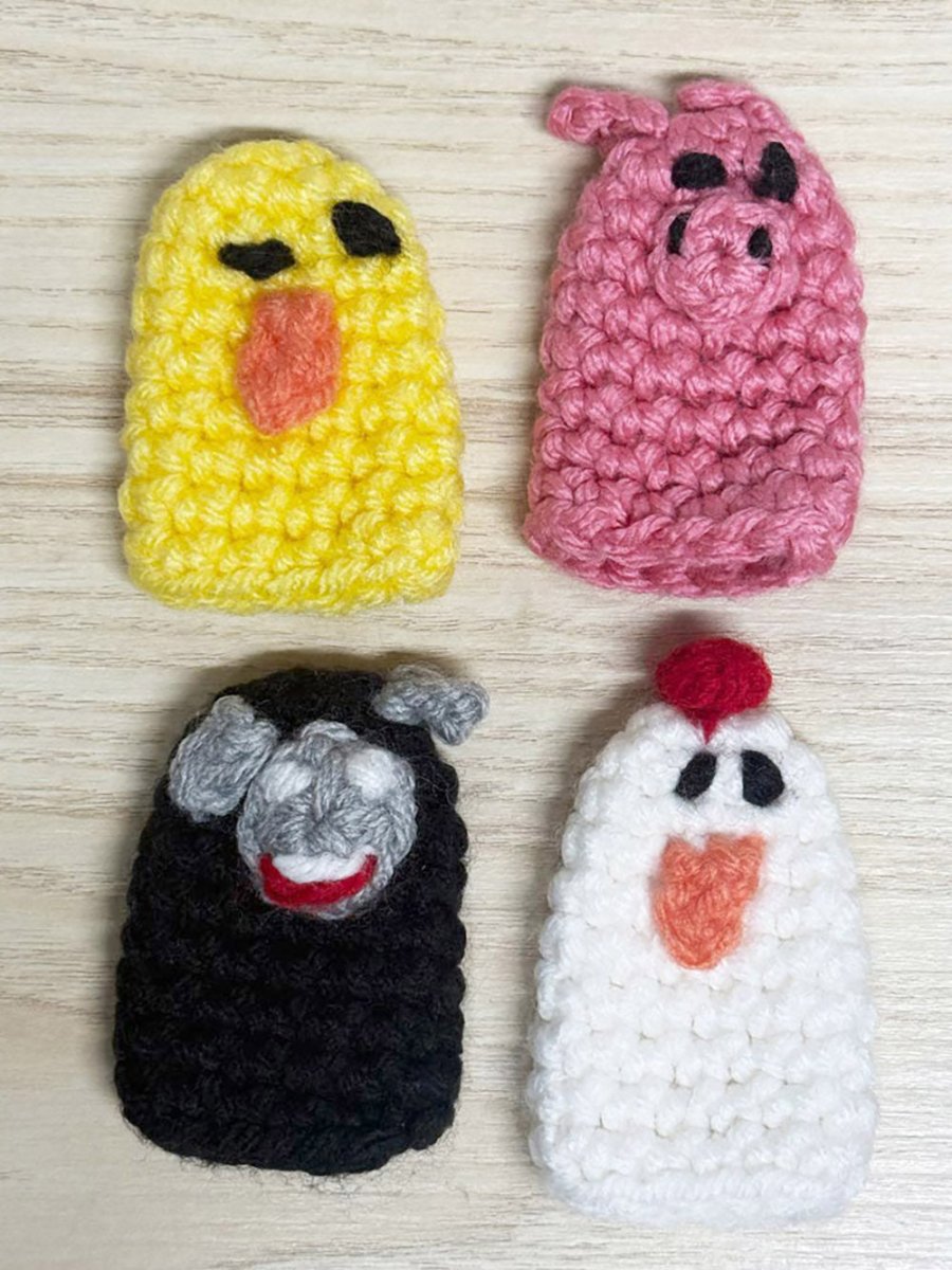 handmade knit farm animal finger puppets and barn bag - good market thrift store
