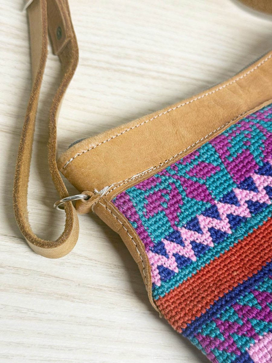 handmade leather trim boho woven crossbody bag - good market thrift store
