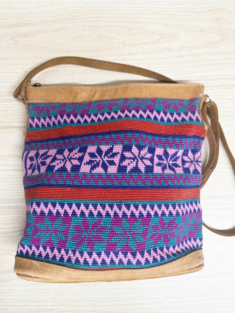 handmade leather trim boho woven crossbody bag - good market thrift store