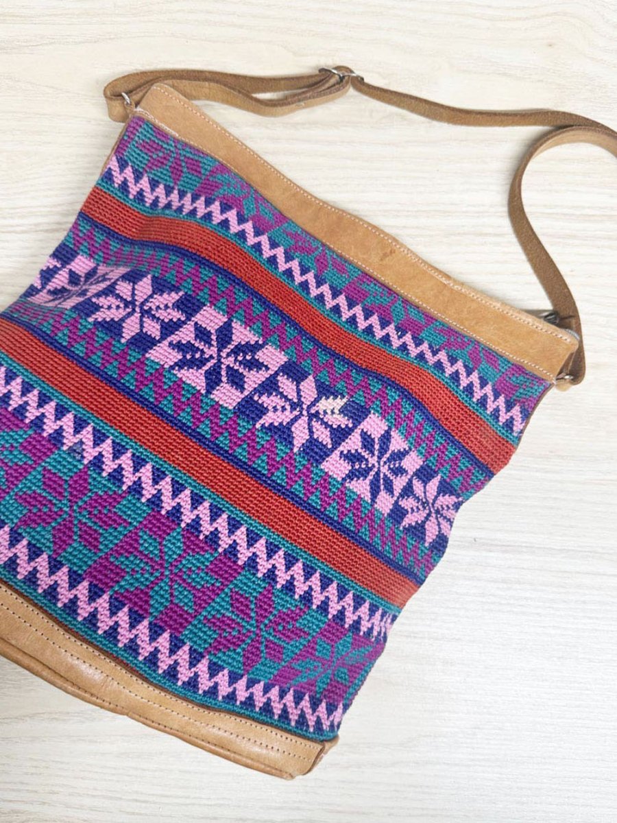 handmade leather trim boho woven crossbody bag - good market thrift store