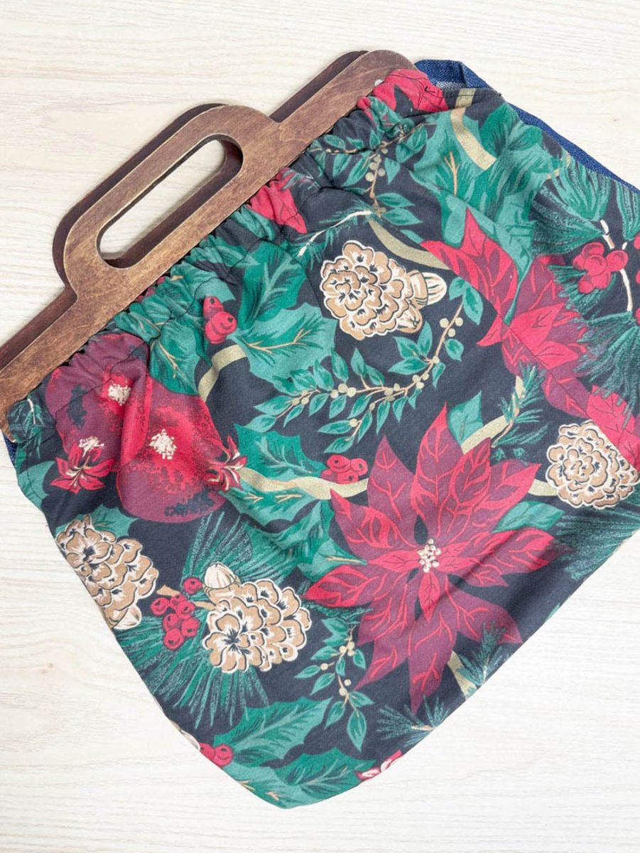 handmade poinsettia denim wood handle handbag - good market thrift store