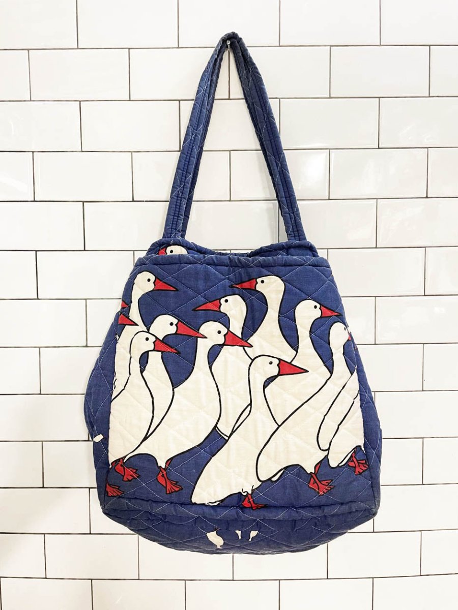 handmade quilted ducks galore multi pocket tote bag - good market thrift store