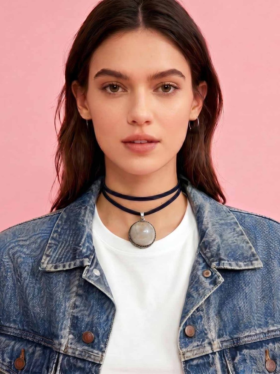 handmade soft leather wrap choker with agate silver pendant | rework - good market thrift store