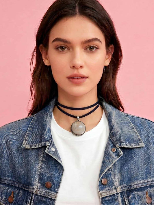 handmade soft leather wrap choker with agate silver pendant | rework - good market thrift store