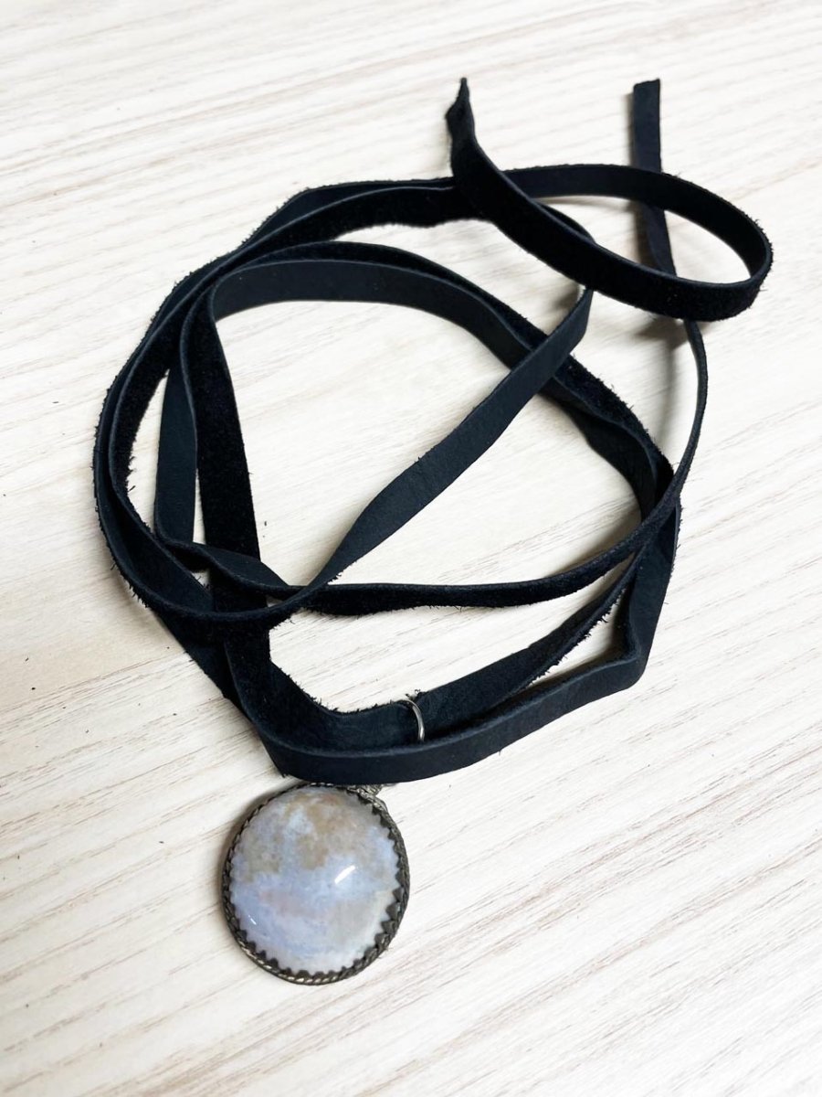 handmade soft leather wrap choker with agate silver pendant | rework - good market thrift store