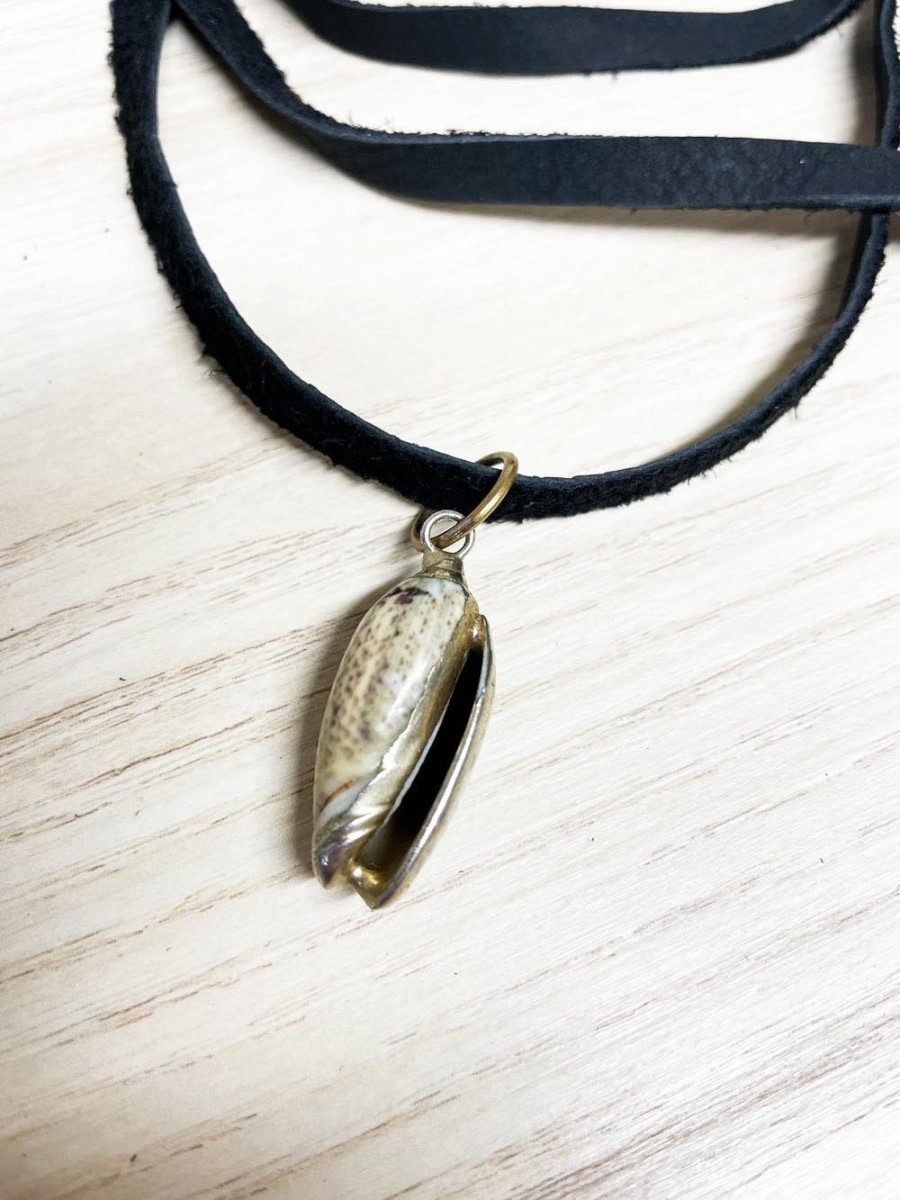 handmade soft leather wrap choker with gold dusted shell pendant | rework - good market thrift store