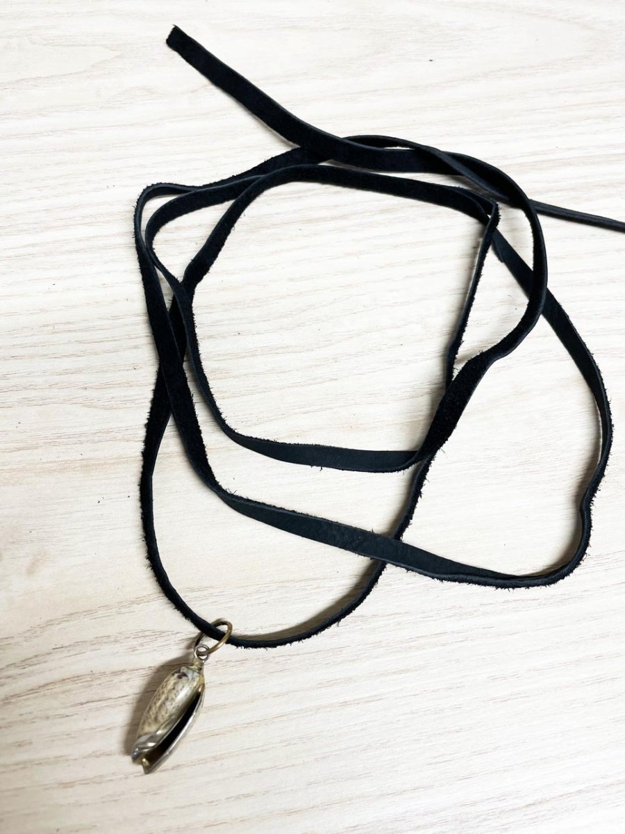 handmade soft leather wrap choker with gold dusted shell pendant | rework - good market thrift store