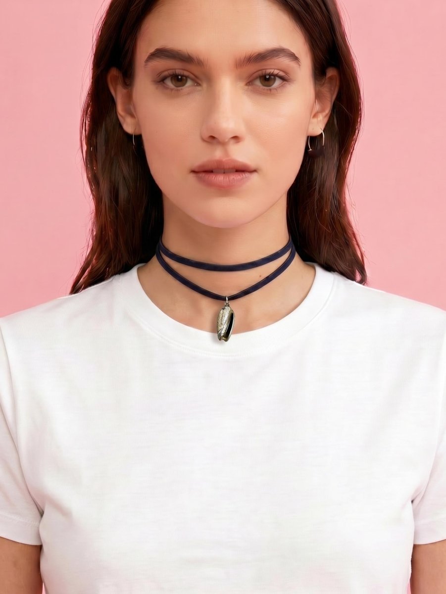 handmade soft leather wrap choker with gold dusted shell pendant | rework - good market thrift store