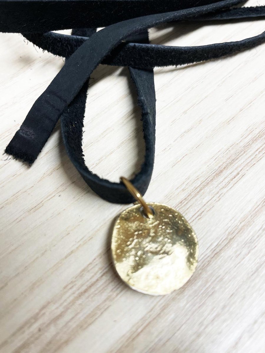 handmade soft leather wrap choker with gold pendant | rework - good market thrift store