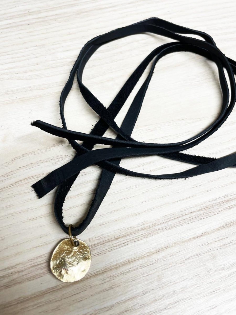handmade soft leather wrap choker with gold pendant | rework - good market thrift store
