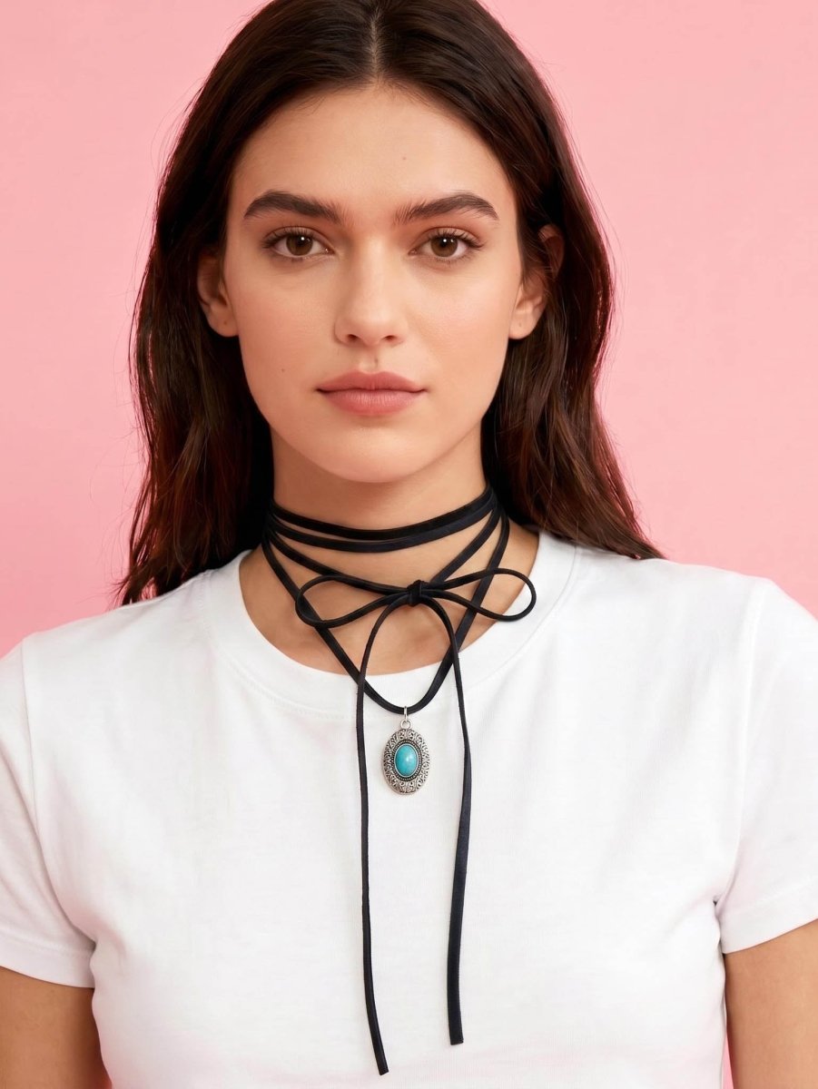 handmade soft leather wrap choker with turquoise pendant | rework - good market thrift store