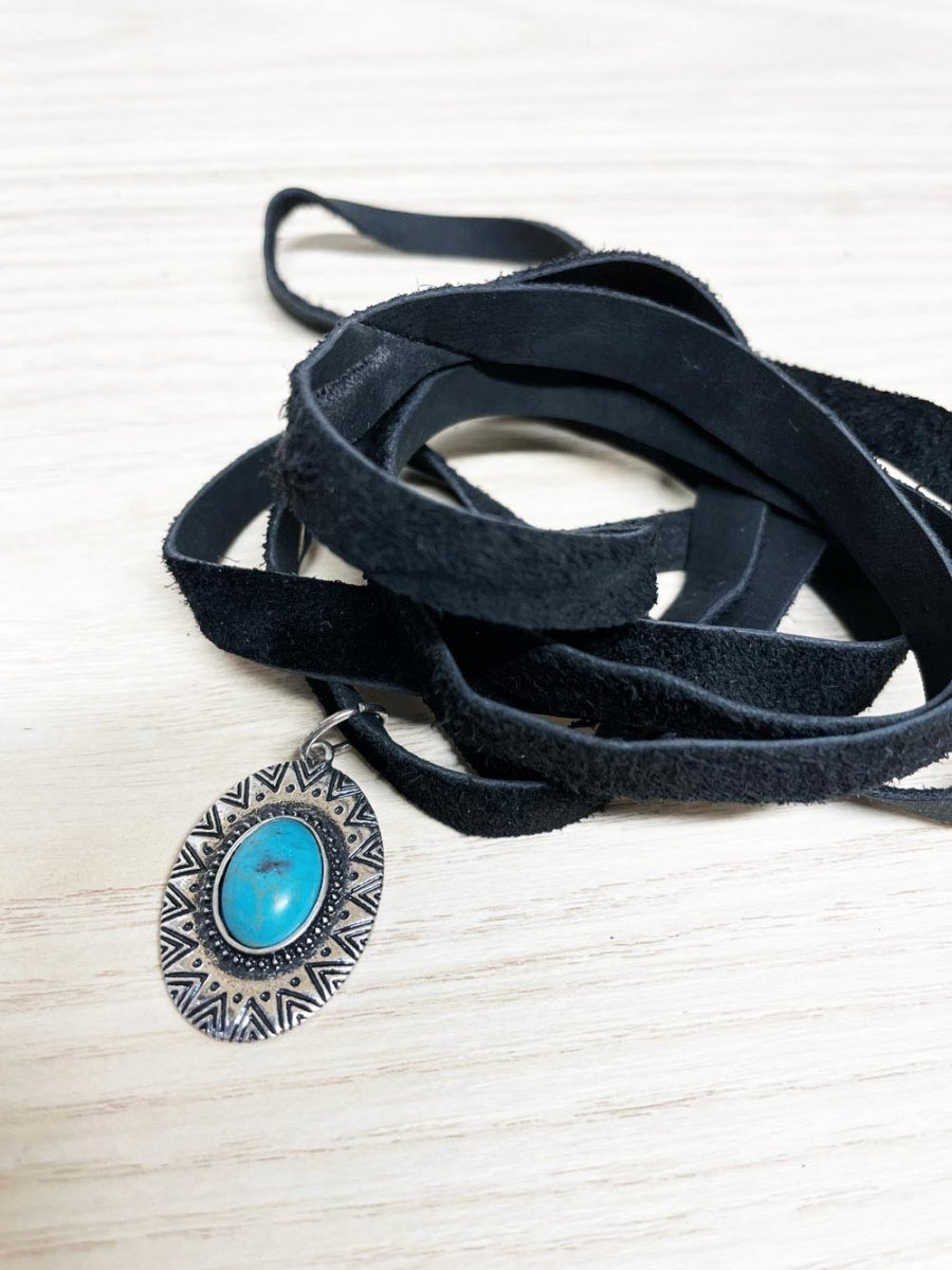 handmade soft leather wrap choker with turquoise pendant | rework - good market thrift store