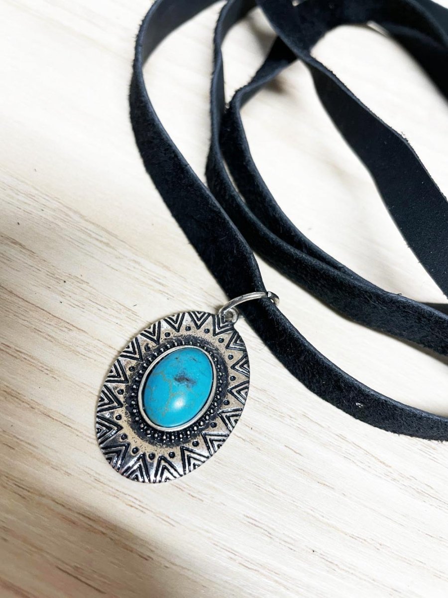 handmade soft leather wrap choker with turquoise pendant | rework - good market thrift store