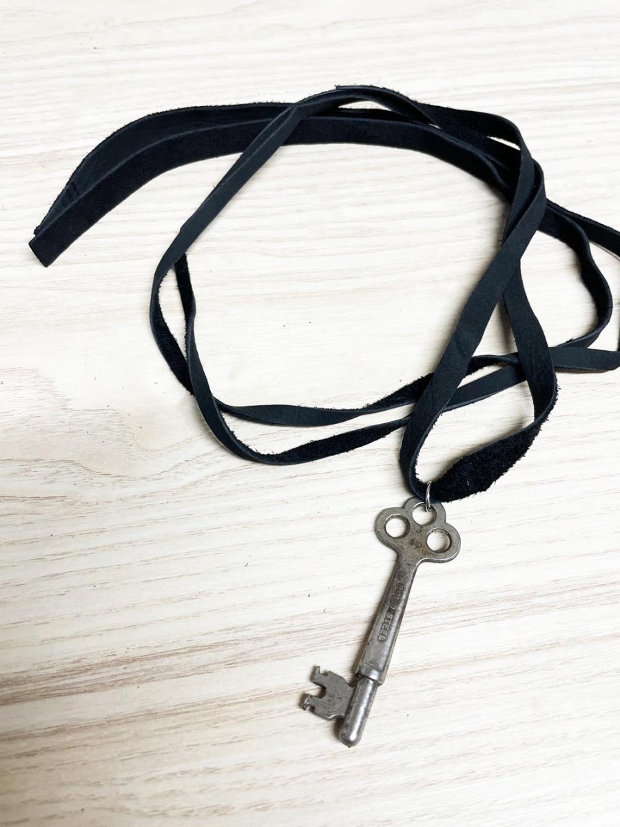 handmade soft leather wrap choker with vintage key pendant | rework - good market thrift store