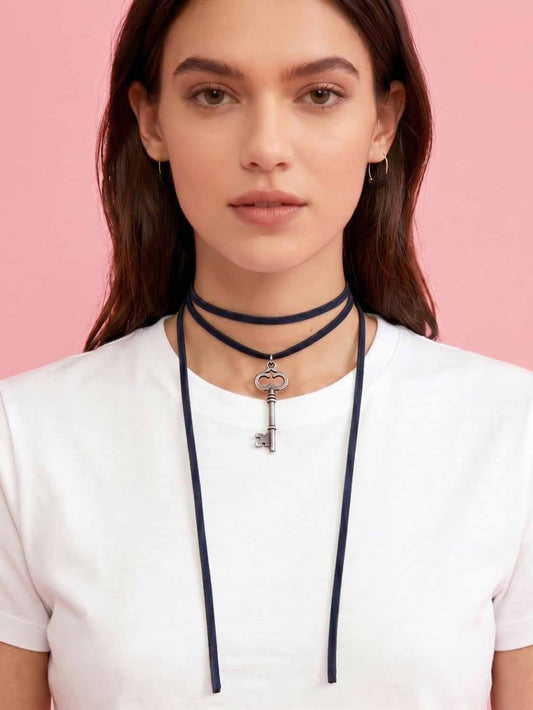 handmade soft leather wrap choker with vintage key pendant | rework - good market thrift store