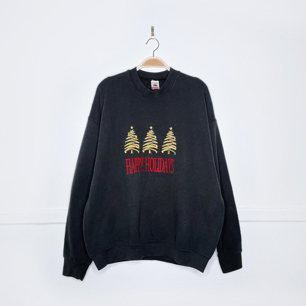 vintage made in usa happy holidays embroidered crew