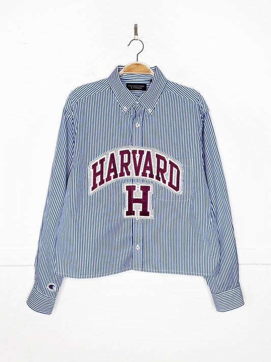 harvard x champion blue stripe sporty prep cropped shirt | rework - good market thrift store