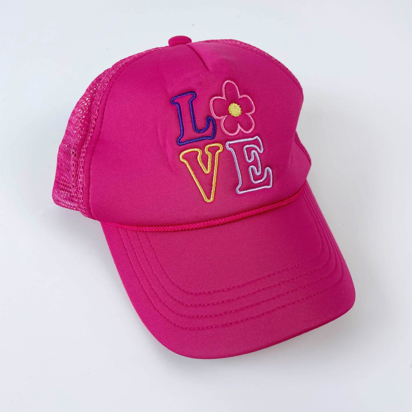 pink embroidered love trucker hat