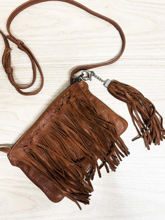 hides in hand fringe leather crossbody bag + tassel charm - good market thrift store