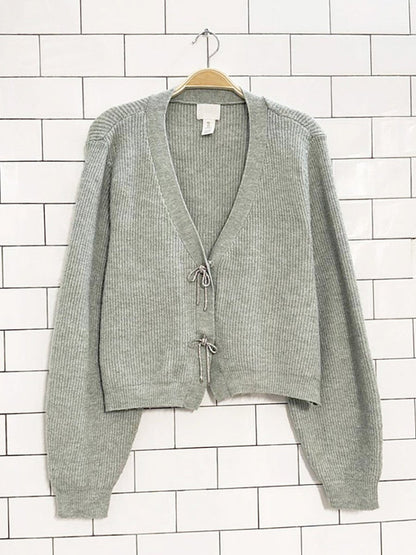 h&m wool - blend bedazzled bow button knit cardigan - good market thrift store