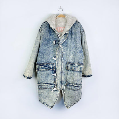 vintage 90s hollywood sherpa lined acid wash denim toggle jacket