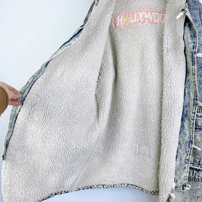 vintage 90s hollywood sherpa lined acid wash denim toggle jacket