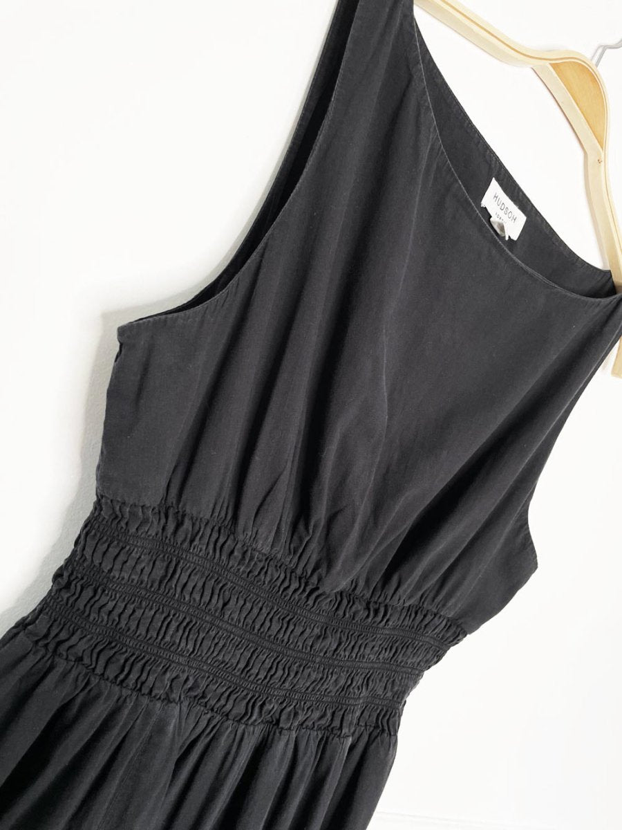 hudson north boat neck audrey hepburn shirred fit and flare midi dress - good market thrift store