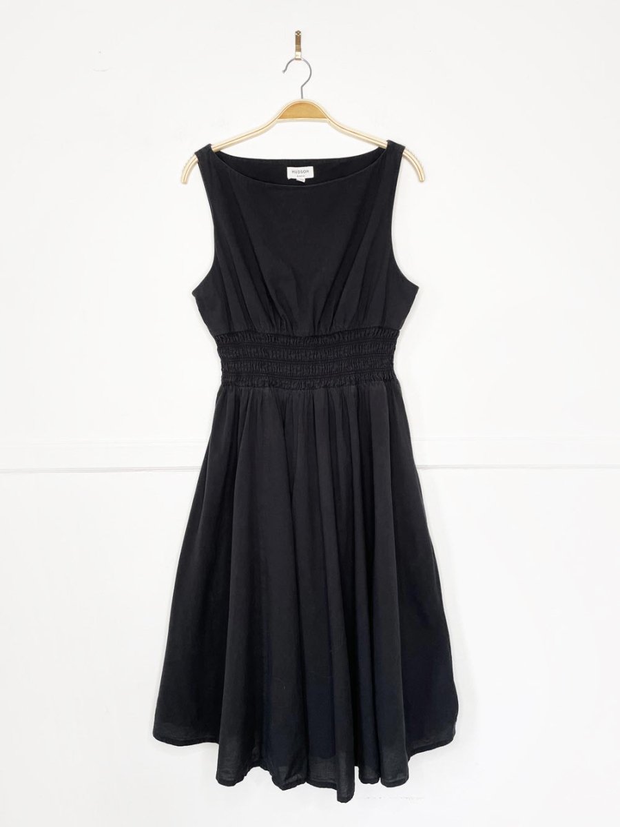 hudson north boat neck audrey hepburn shirred fit and flare midi dress - good market thrift store