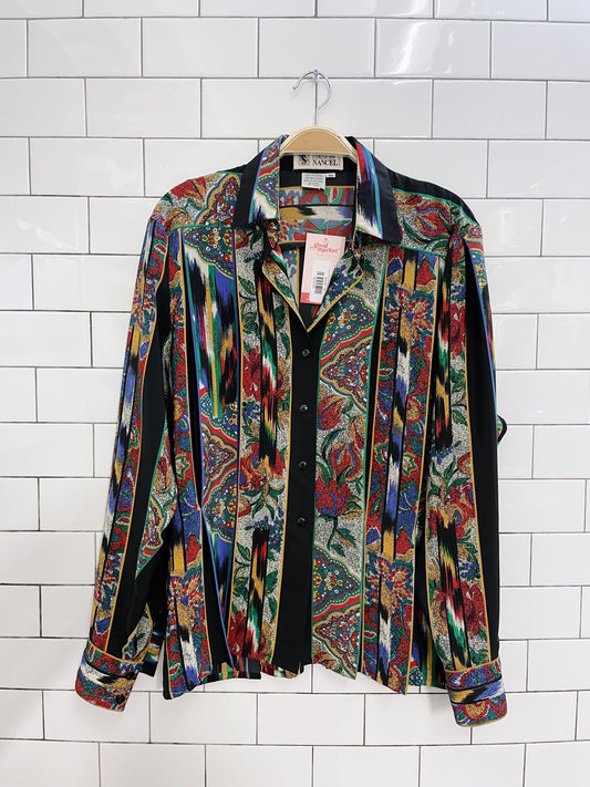 vintage serge nancel pleated scarf print blouse