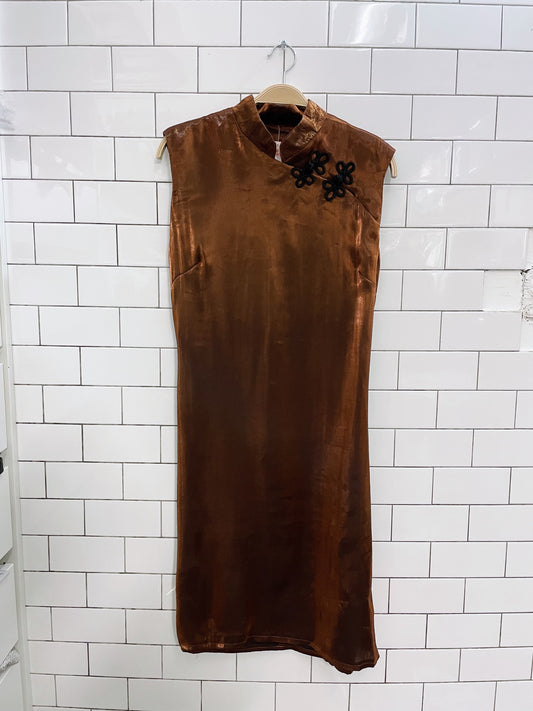 vintage bronze metallic qipao midi dress