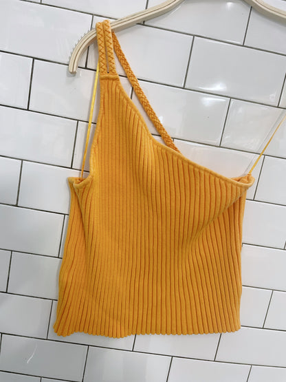 525 yellow ribbed braided one shoulder tank