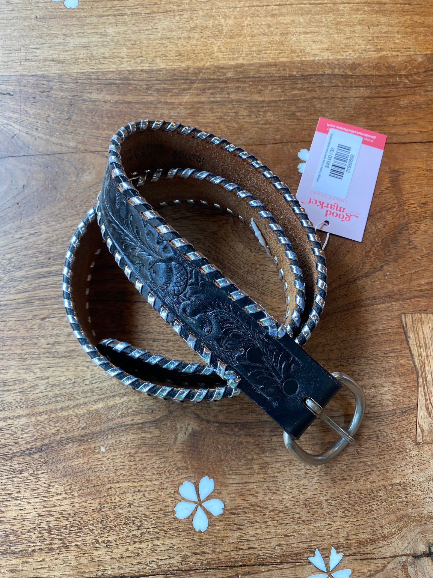 vintage made in usa silver braid tooled leather moto belt