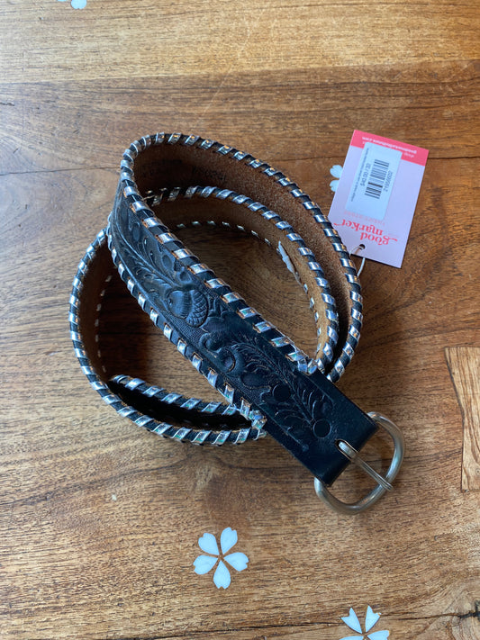 vintage made in usa silver braid tooled leather moto belt