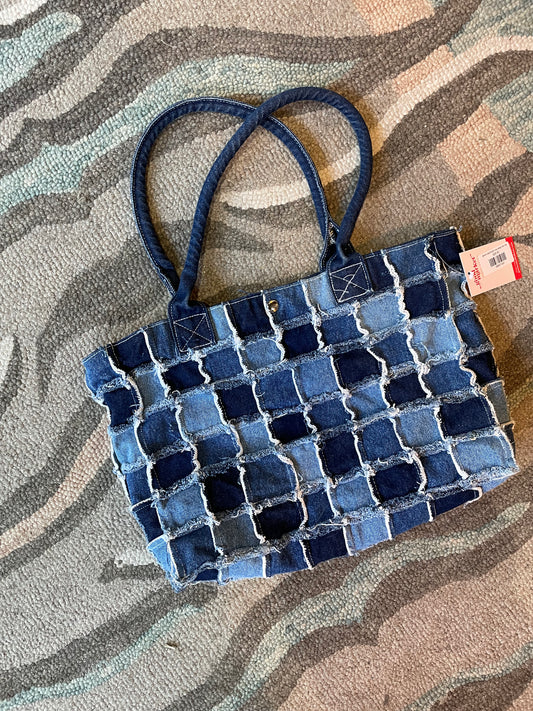 denim patchwork raw edge tote bag
