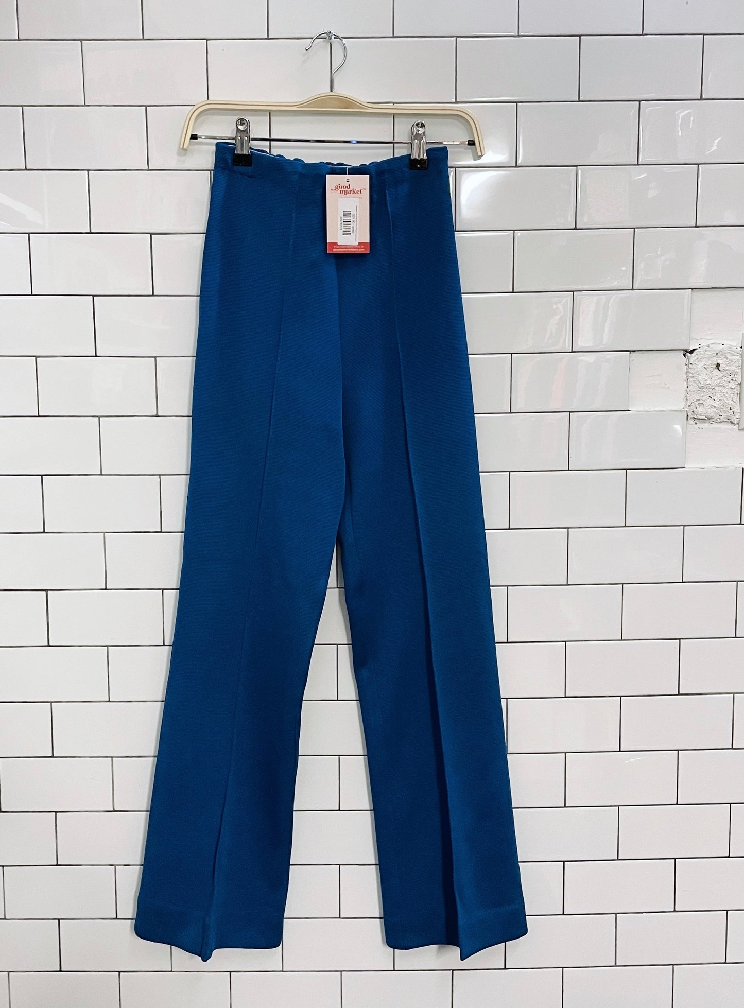 vintage 70s blue poly knit straight leg trouser