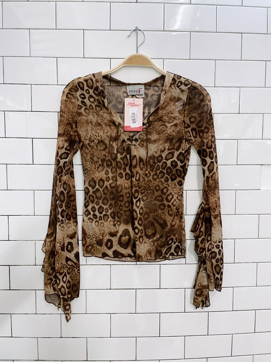 vintage 00s studioF leopard ruffle cuff sheer top