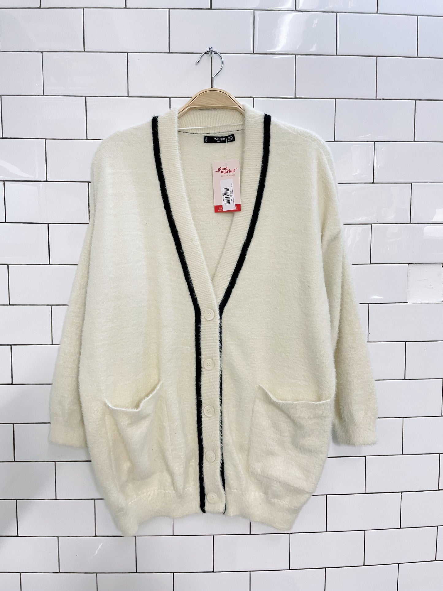 mango contrast trim fuzzy oversized cardigan