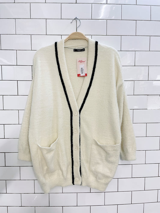 mango contrast trim fuzzy oversized cardigan