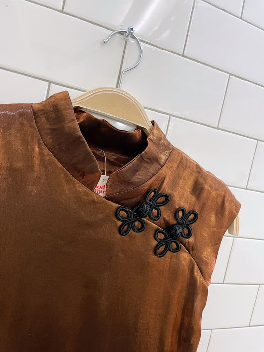 vintage bronze metallic qipao midi dress