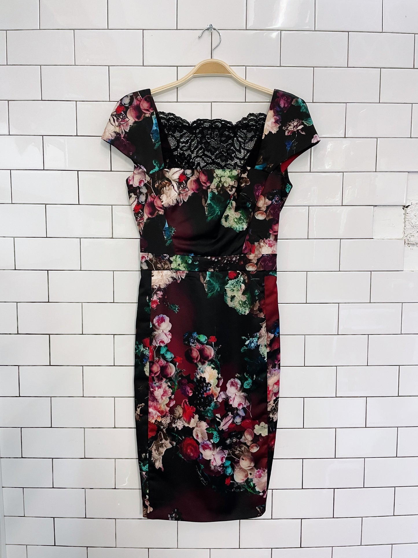 just cavalli satin floral lace neck dress