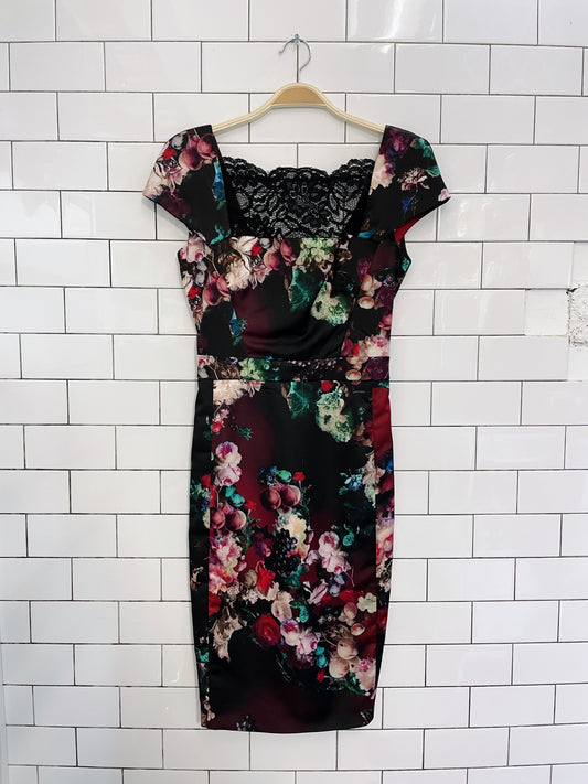 just cavalli satin floral lace neck dress