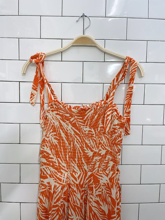 japna orange tropical leaf smocked maxi dress