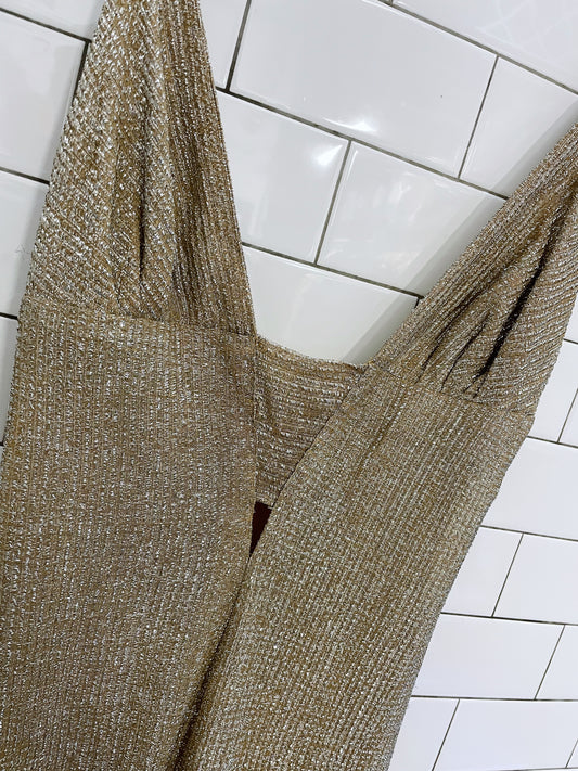 vintage 70s shirley brown gold deep v metallic gown