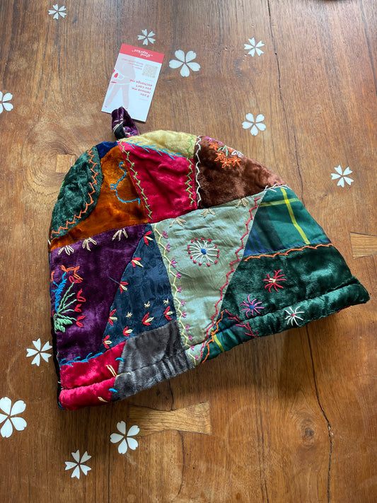 vintage boho velvet patchwork tea cozy