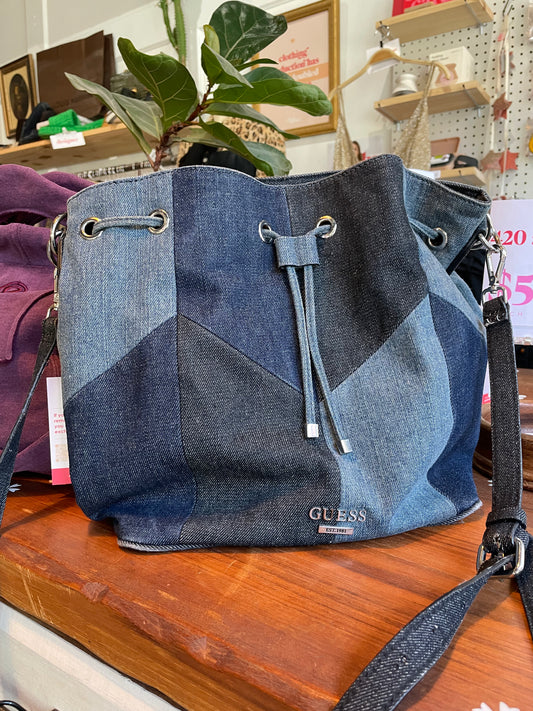guess denim patchwork bucket bag