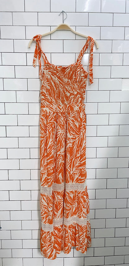 japna orange tropical leaf smocked maxi dress